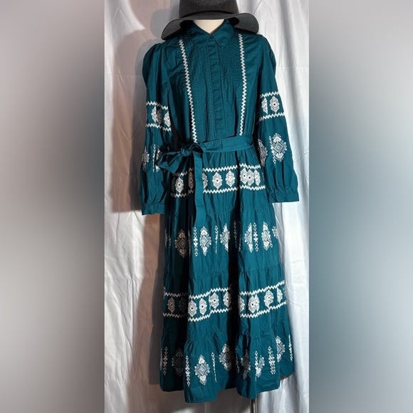 ZARA Sz L Tiered Ruffle Puff Sleeve Hidden Buttons Belted Embroidered Dress - Picture 3 of 10